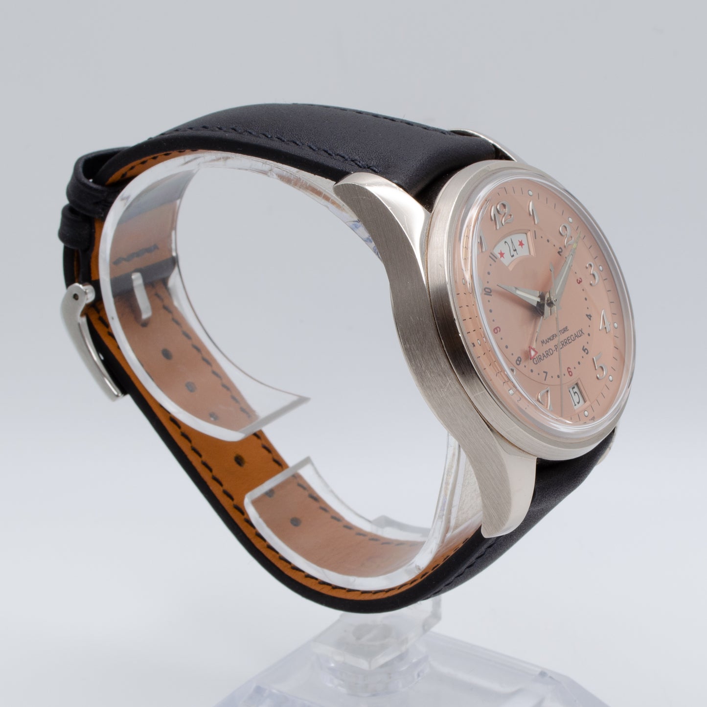 Girard Perregaux Traveler 18k White GOLD watch on leather strap.