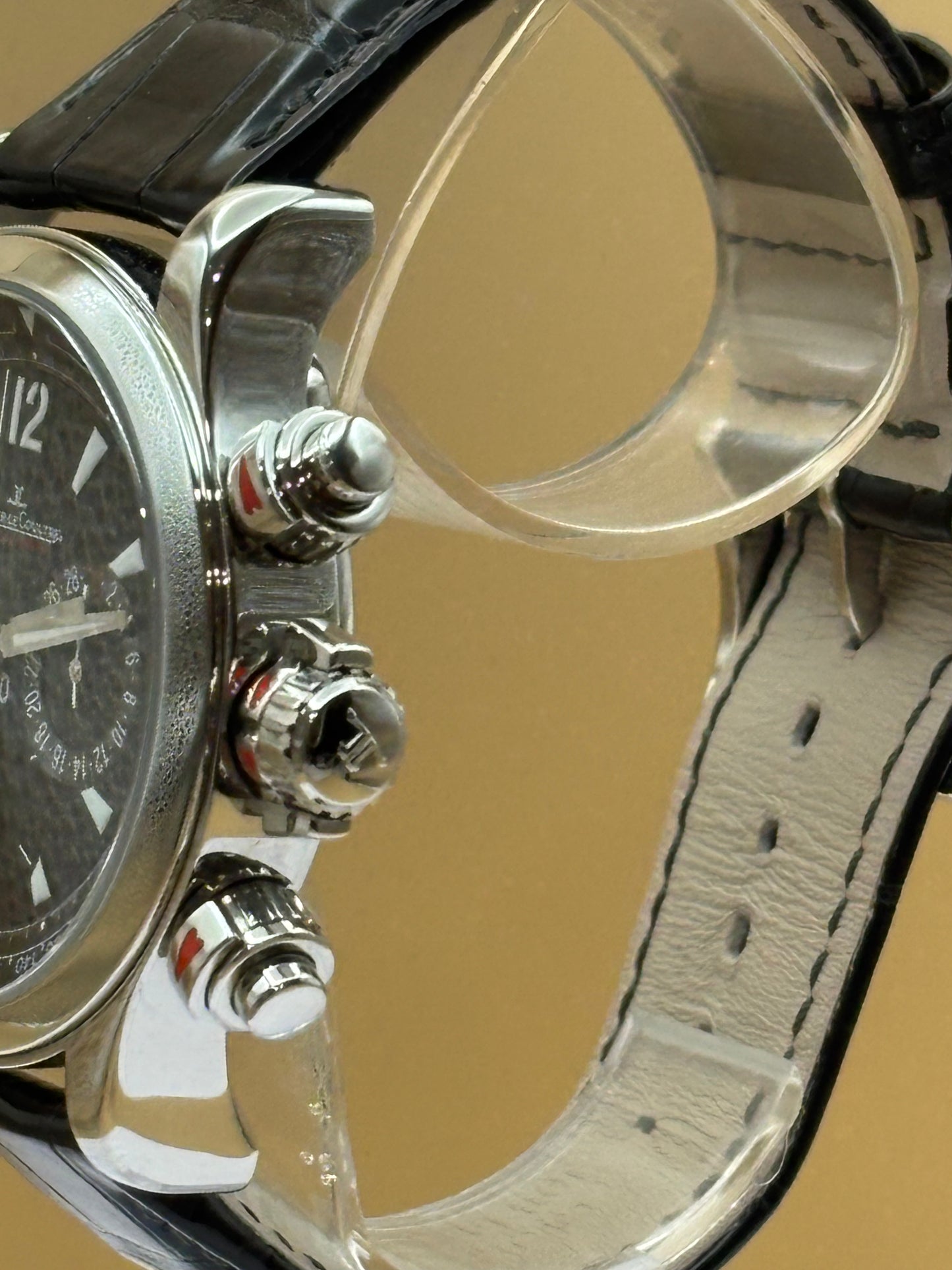 Jaeger LeCoultre Master control Chronograph watch on a Black leather band.