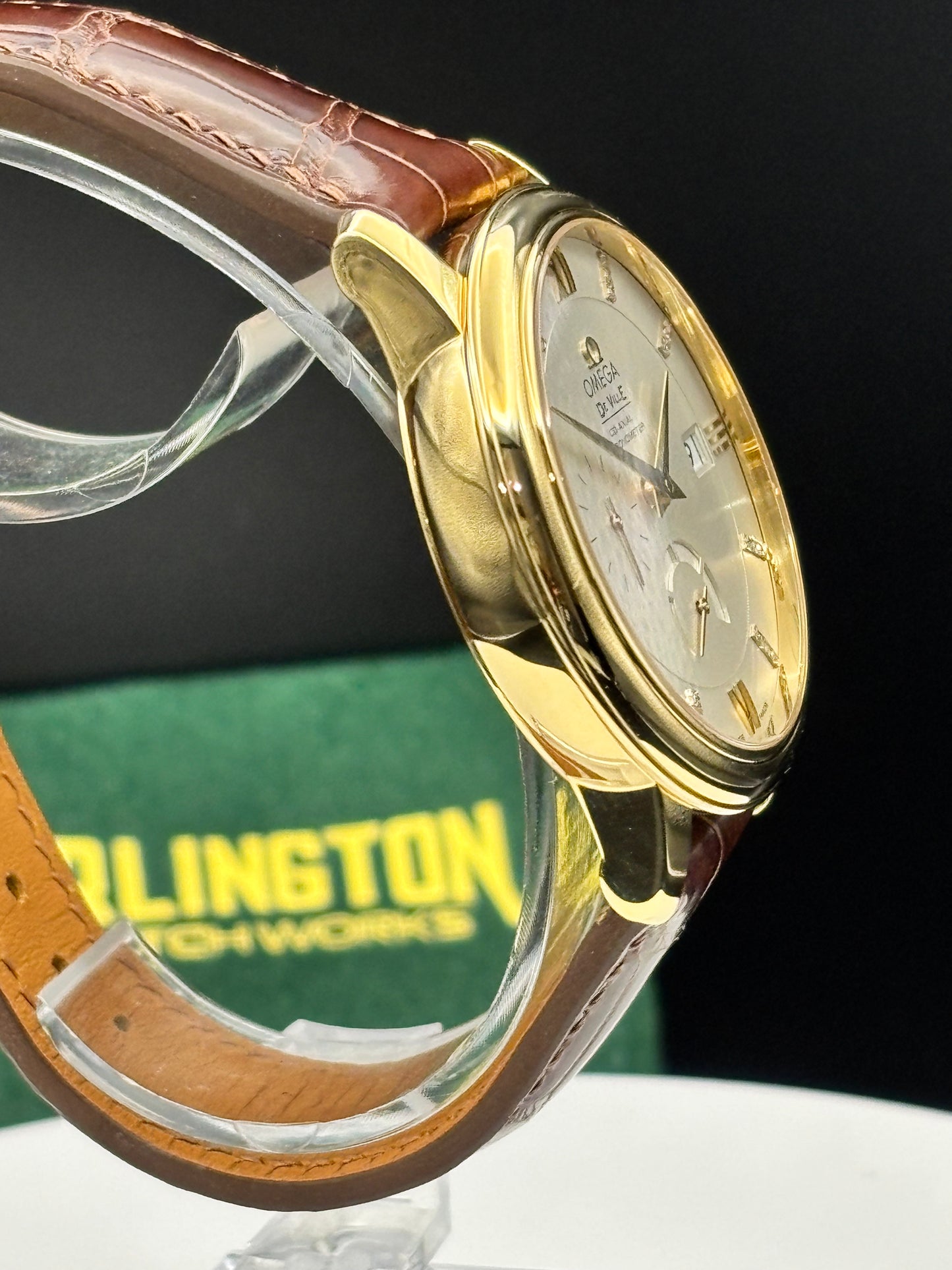 Omega De Ville Prestige 18K Solid GOLD Watch on an alligator watch.