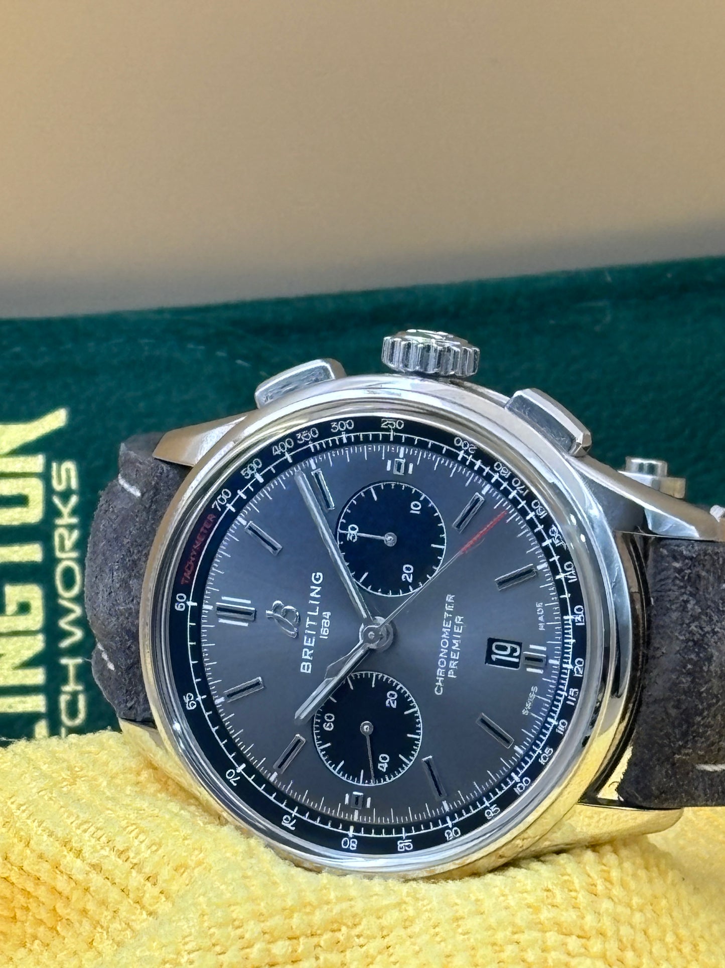 Breitling Premier B01 Chronograph watch with a leather strap.
