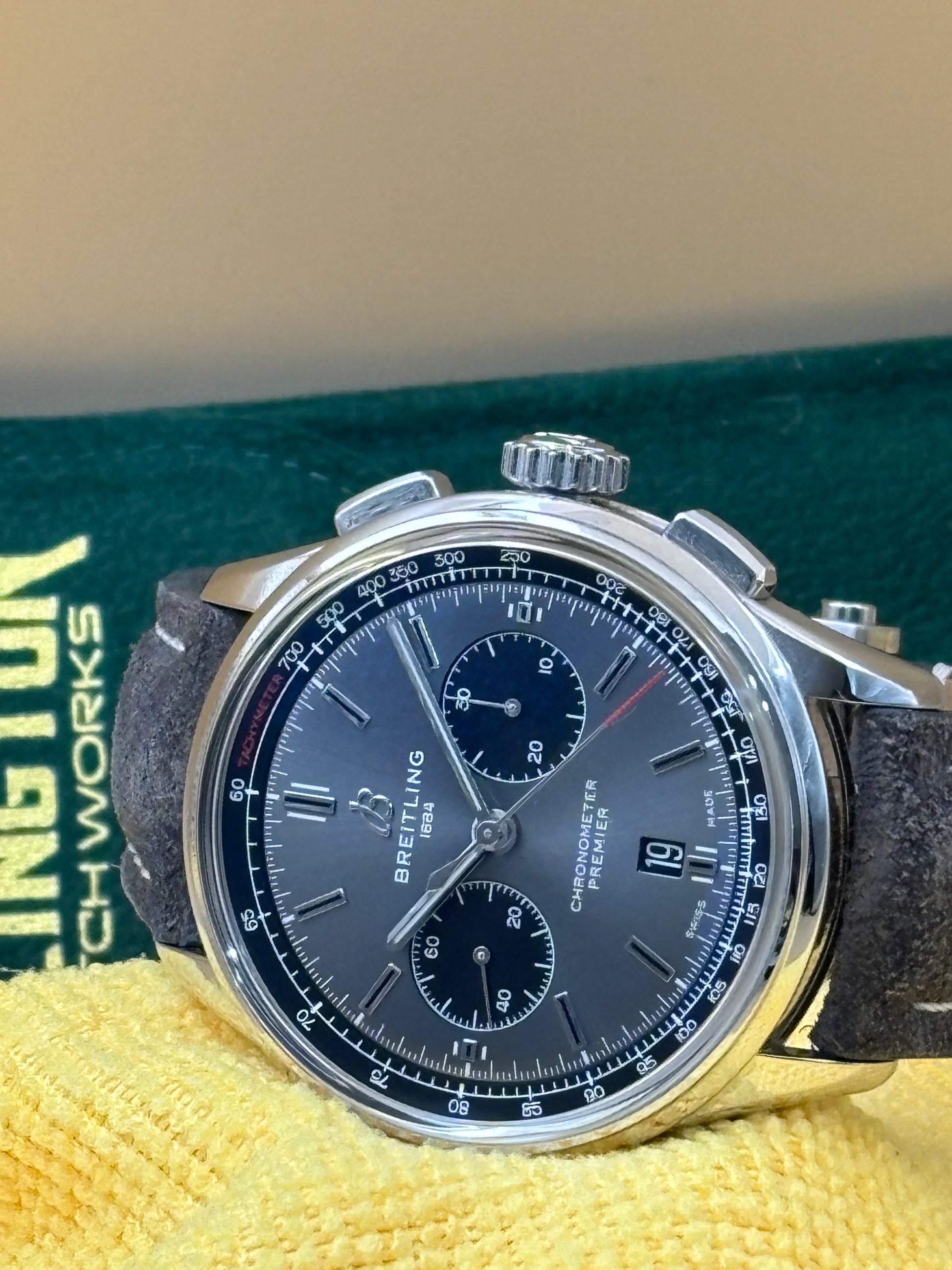 Breitling Premier B01 Chronograph watch with a leather strap.