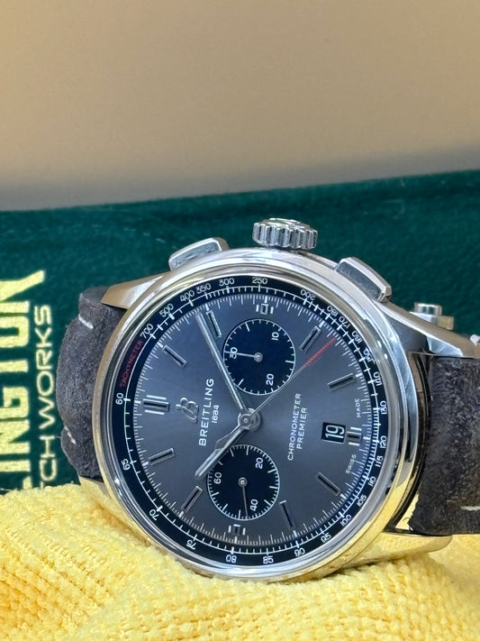 Breitling Premier B01 Chronograph watch with a leather strap.