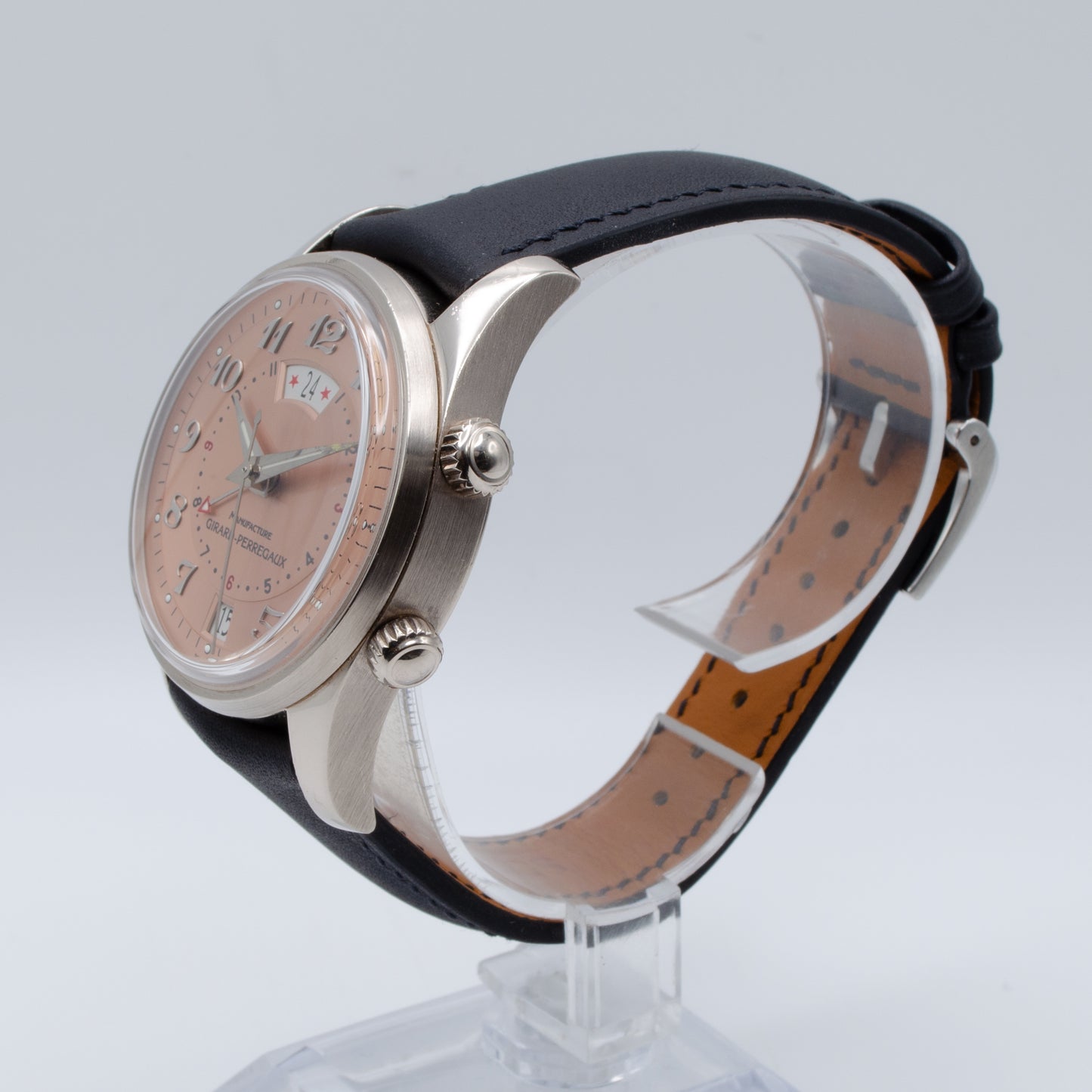 Girard Perregaux Traveler 18k White GOLD watch on leather strap.
