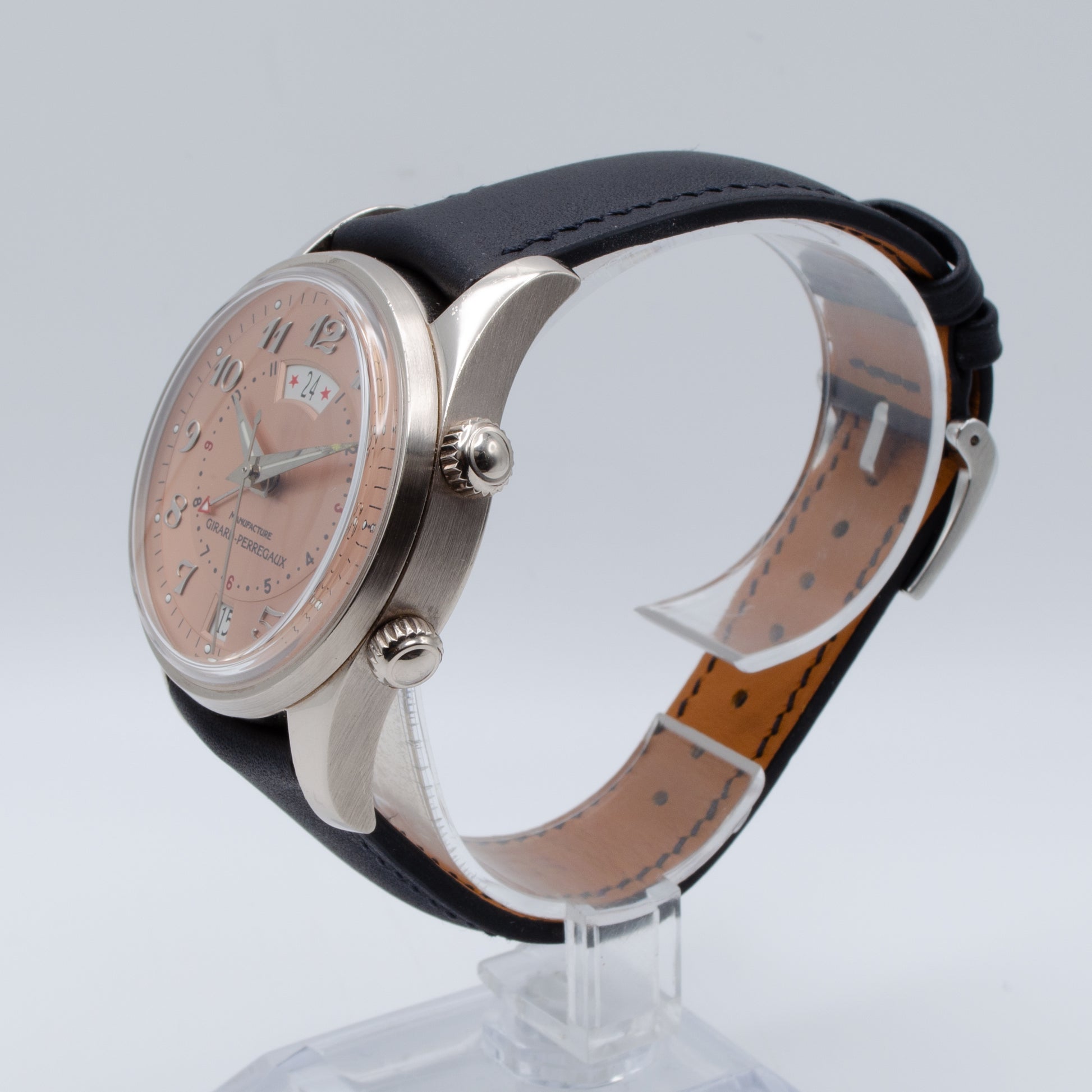 Girard Perregaux Traveler 18k White GOLD watch on leather strap.