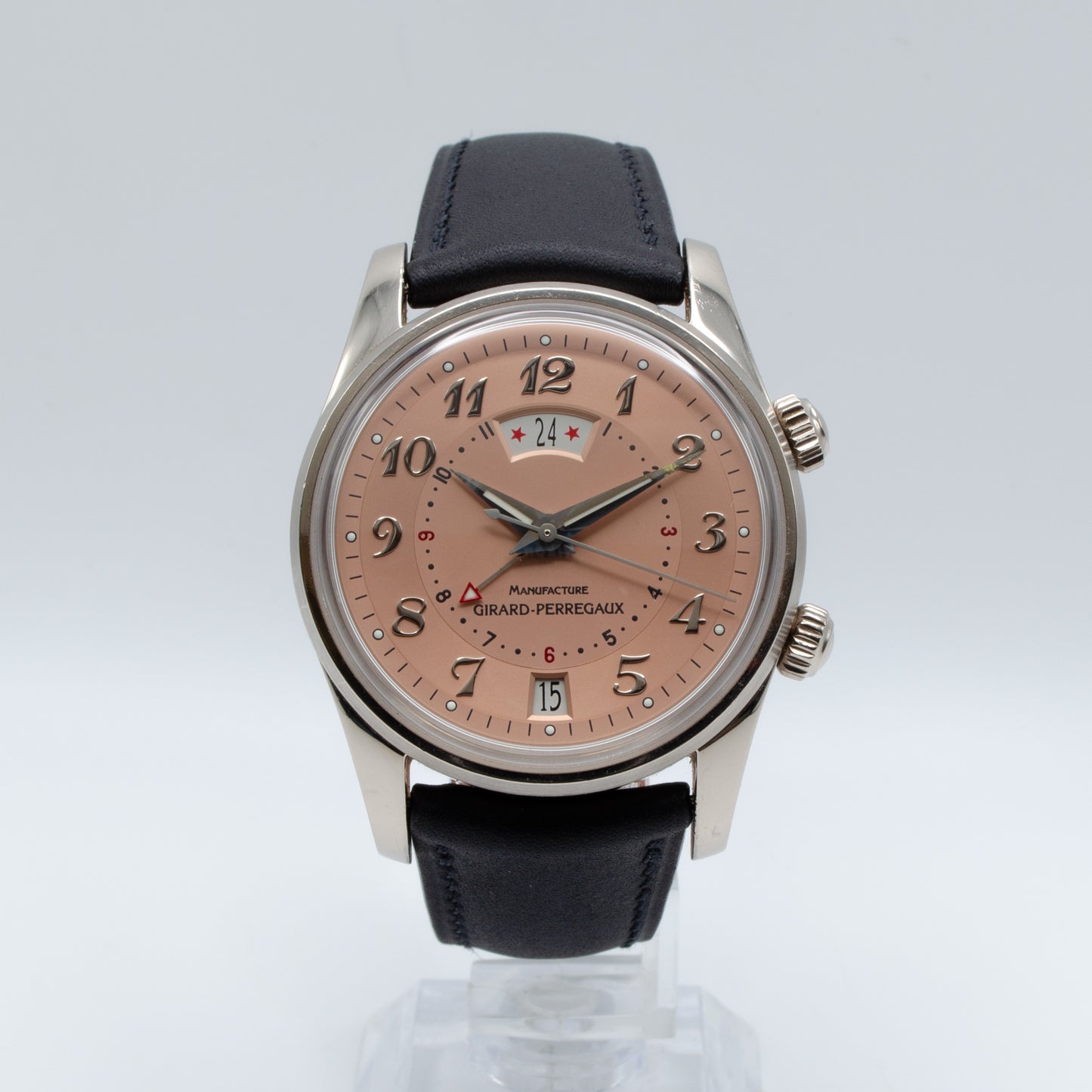 Girard Perregaux Traveler 18k White GOLD watch on leather strap.