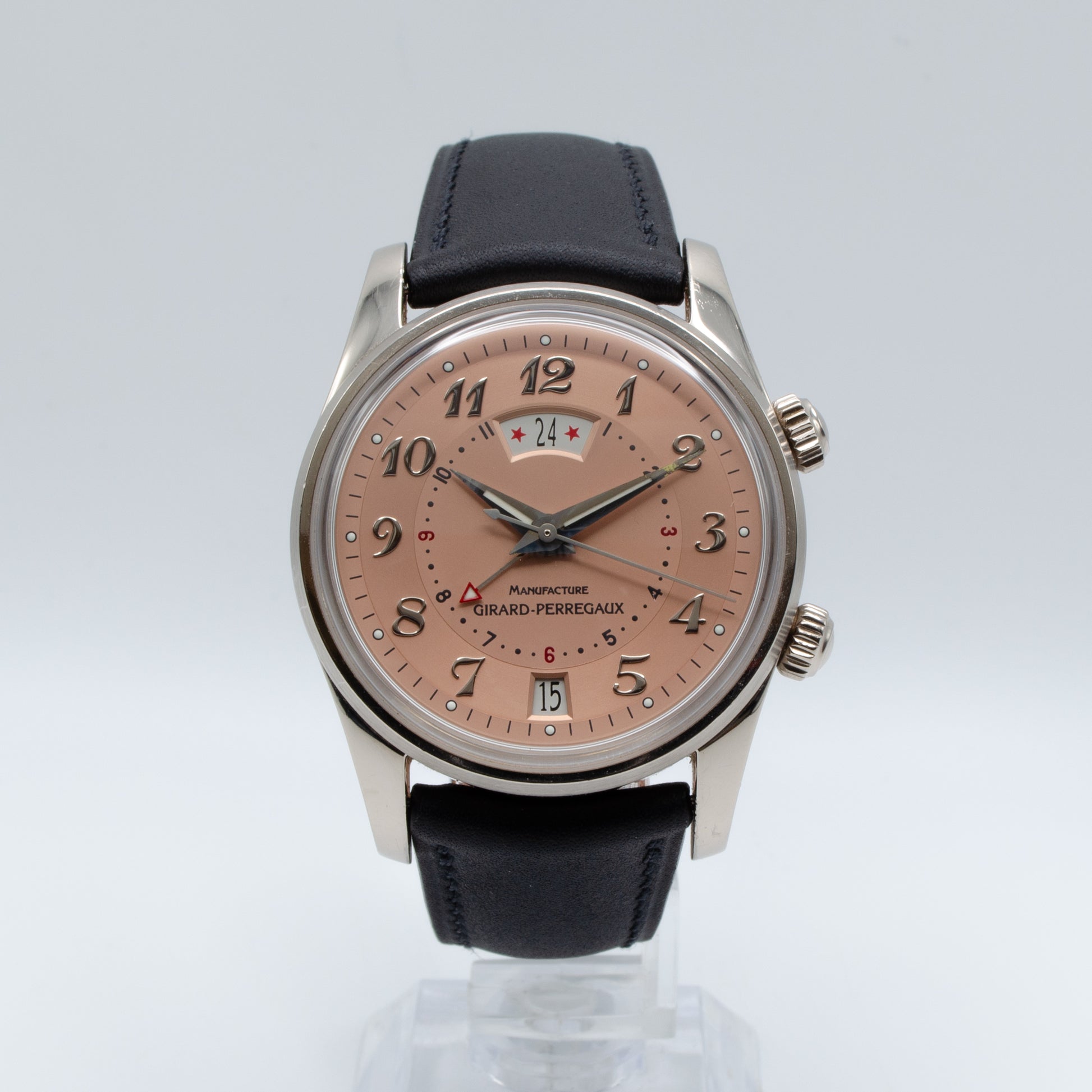 Girard Perregaux Traveler 18k White GOLD watch on leather strap.