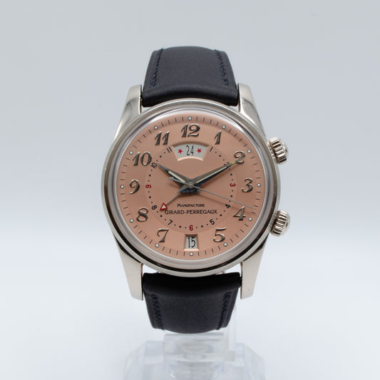 Girard Perregaux Traveler 18k White GOLD watch on leather strap.