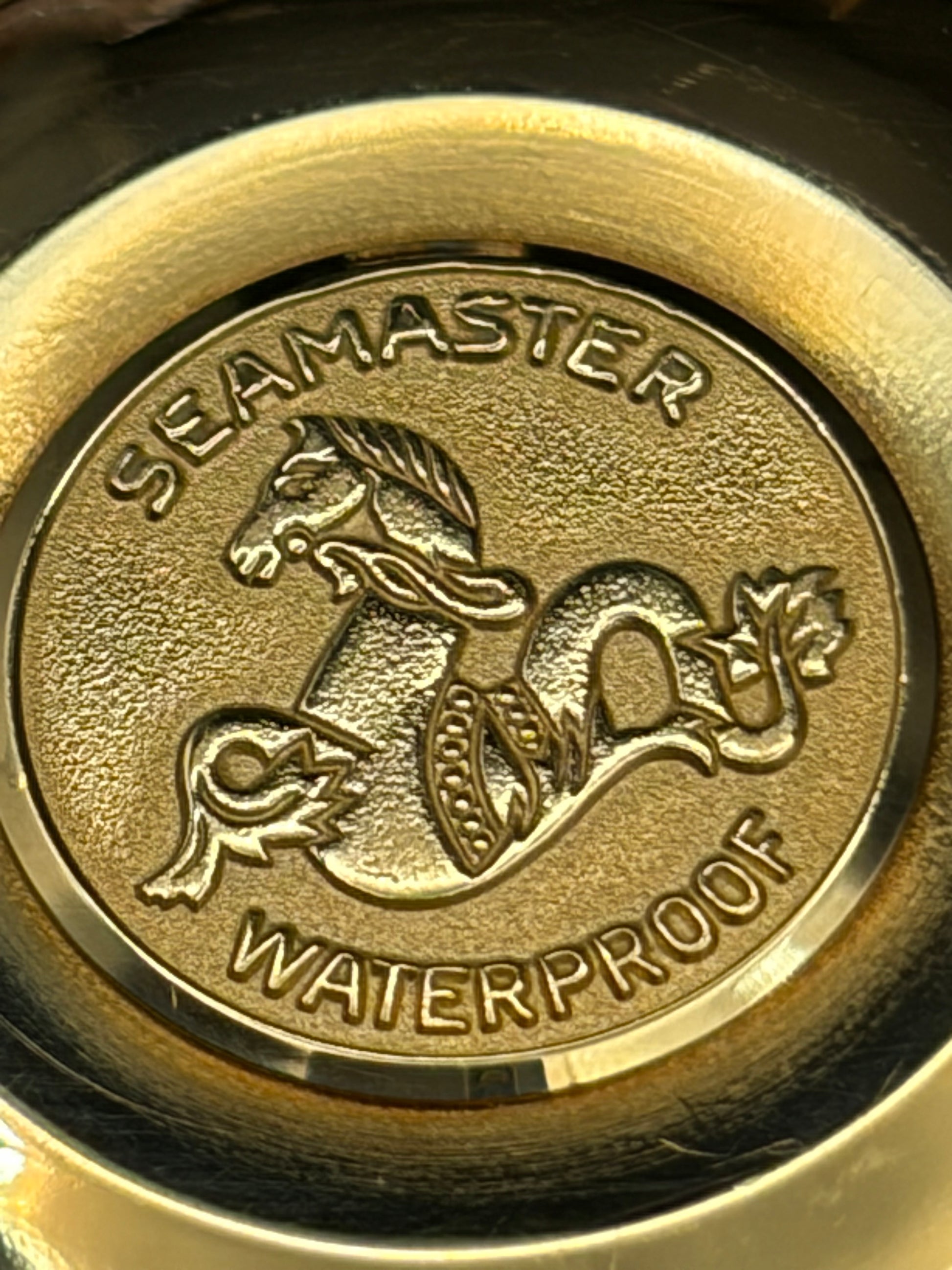 Close-up of a brass or gold-toned circular emblem with the words 'SEAMASTER WATERPROOF' and a stylized horse-and-sea creature motif in the center.