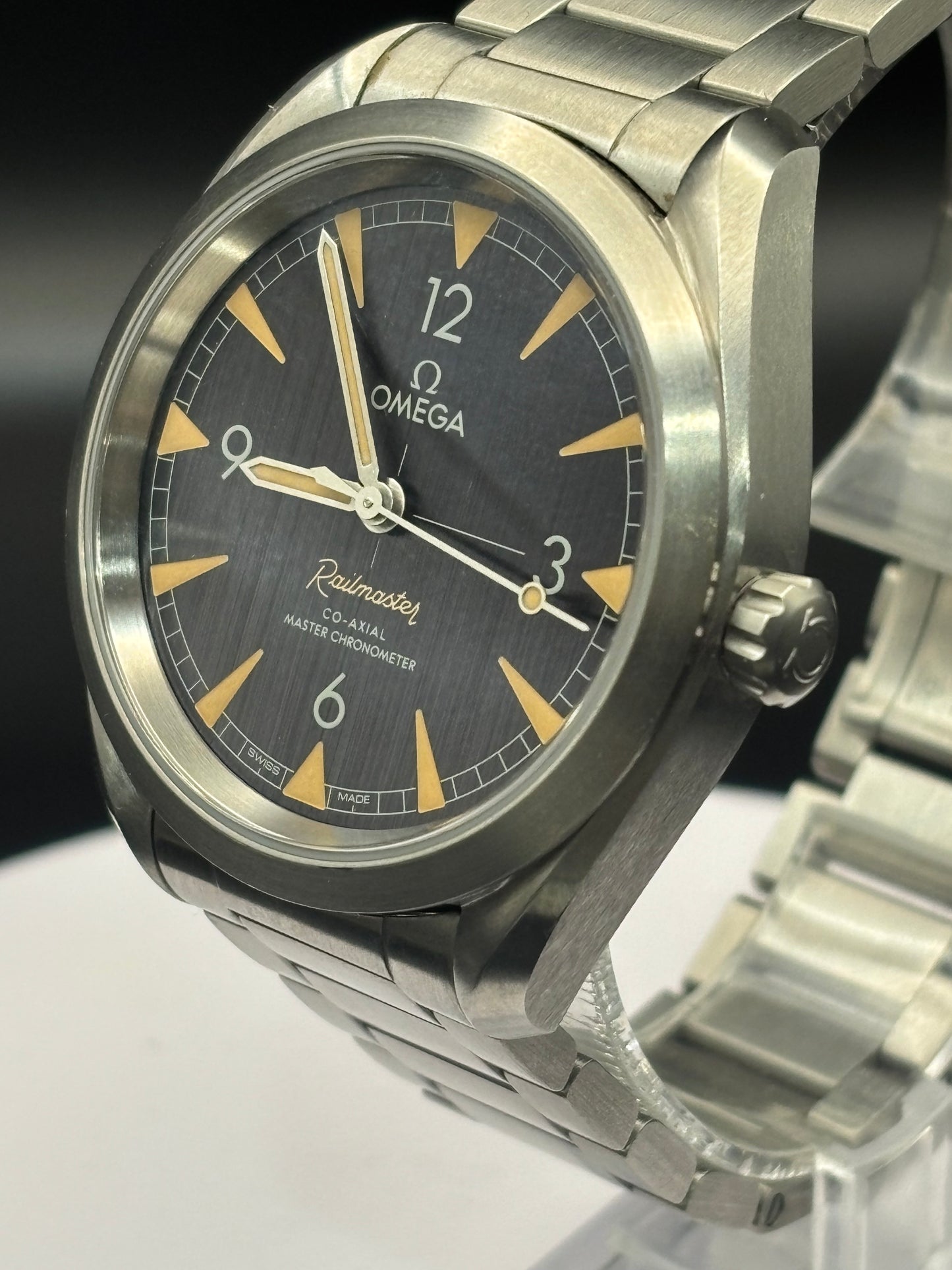 Omega Railmaster watch on a steel bracelet.