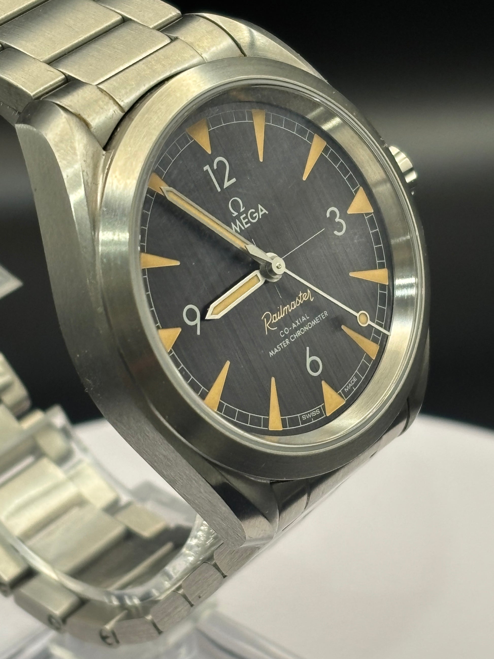 Omega Railmaster watch on a steel bracelet.