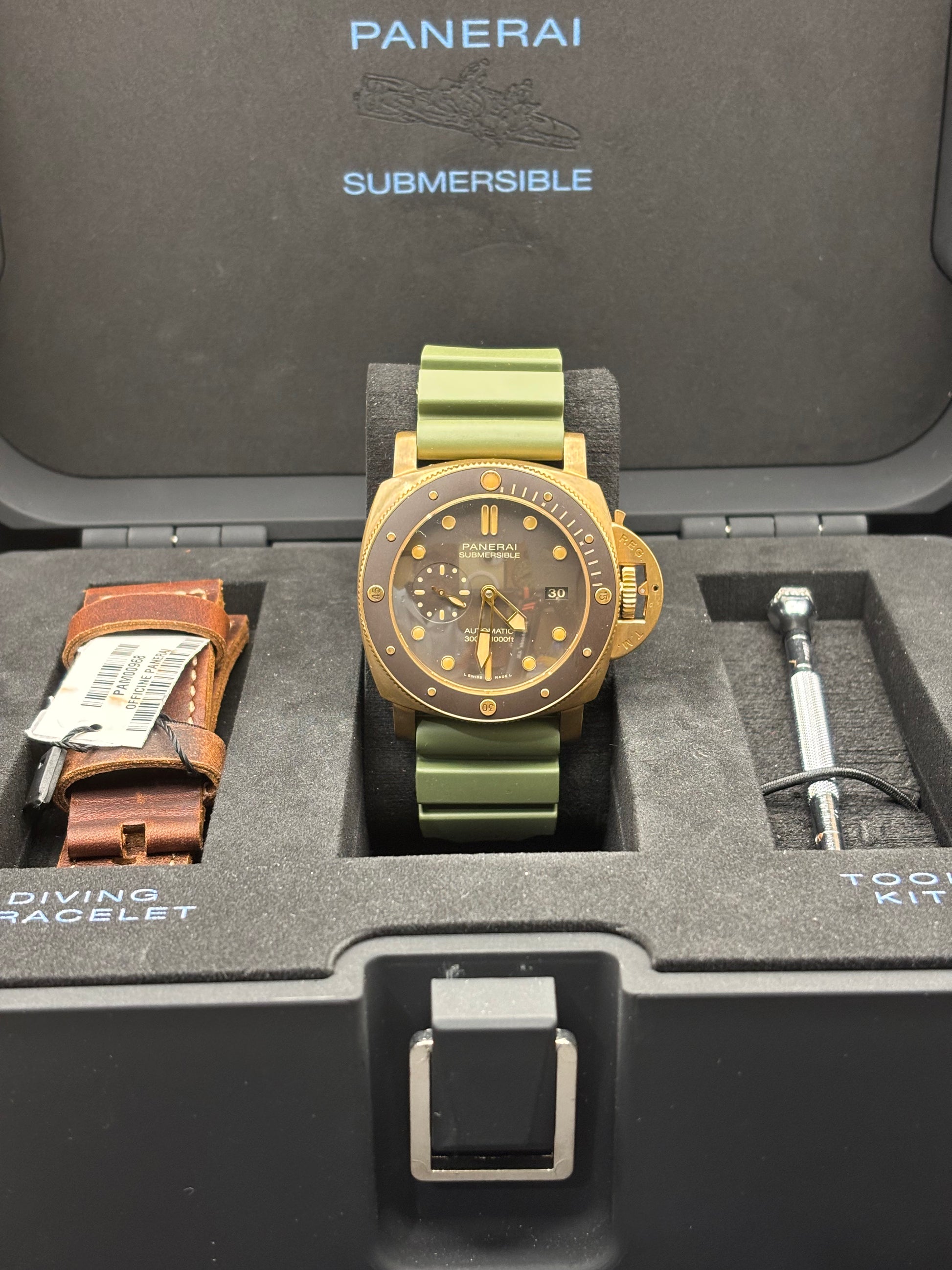 Panerai Submersible Bronzo full set complete on a Green band.