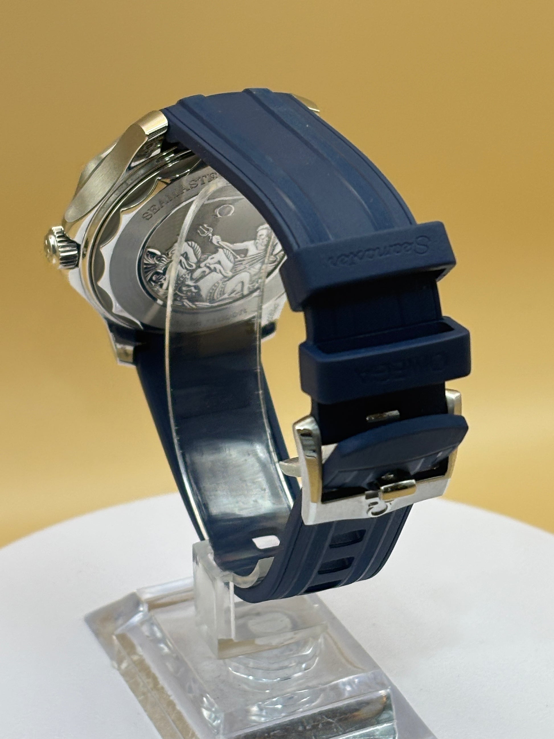 Omega Seamaster 300M "Summer Blue" watch on an Omega silicone band.