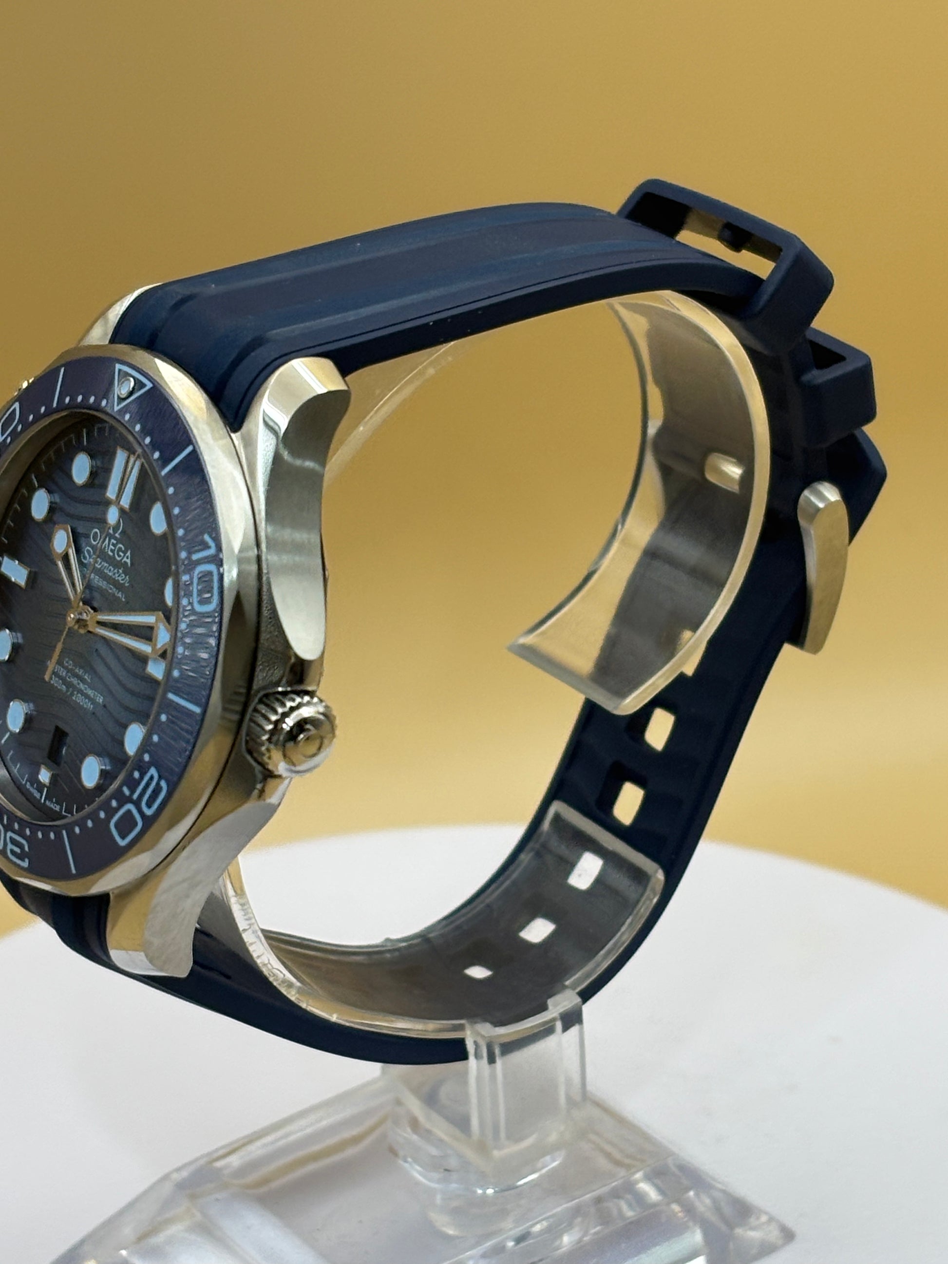 Omega Seamaster 300M "Summer Blue" watch on an Omega silicone band.