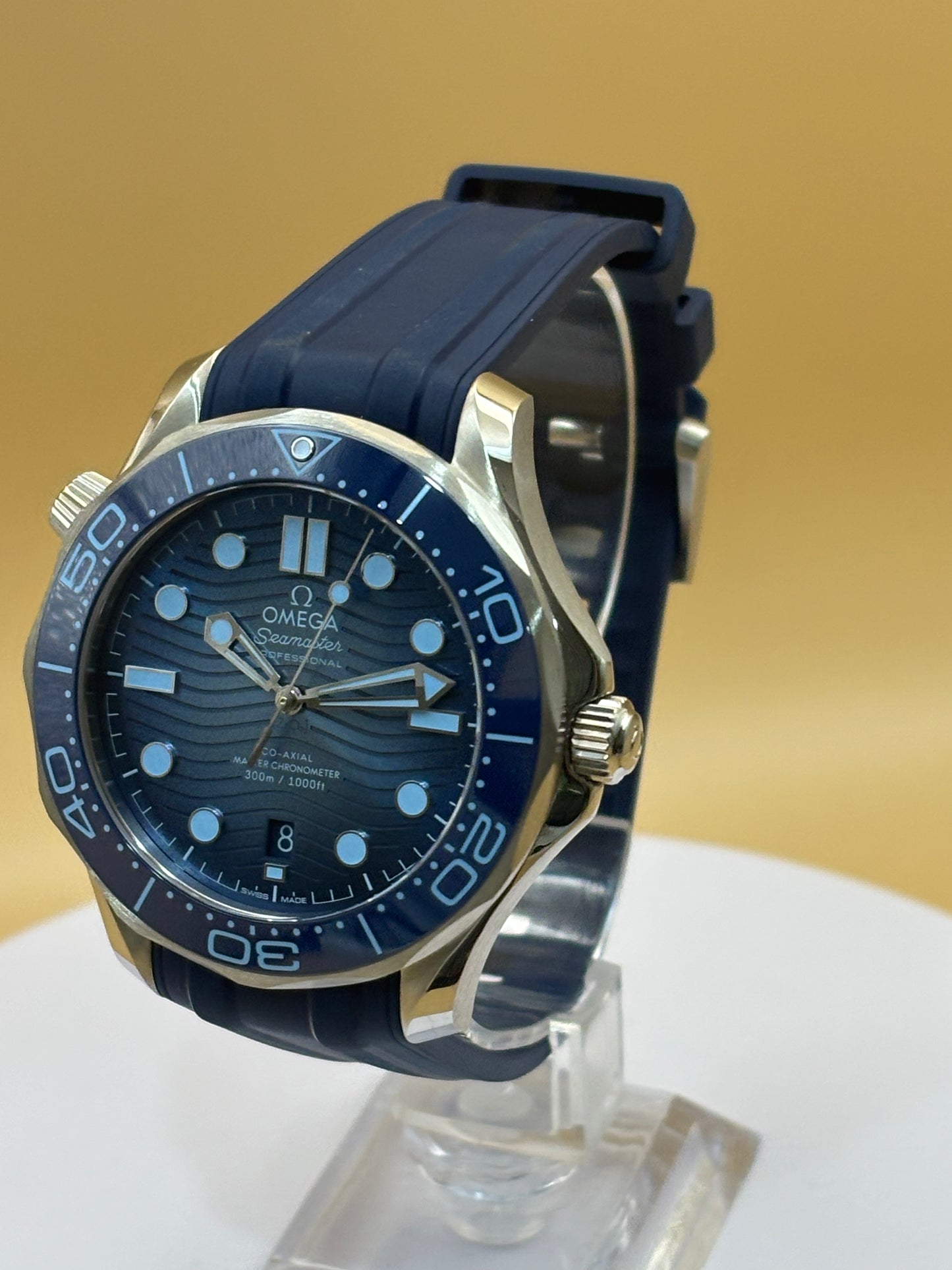 Omega Seamaster 300M "Summer Blue" watch on an Omega silicone band.