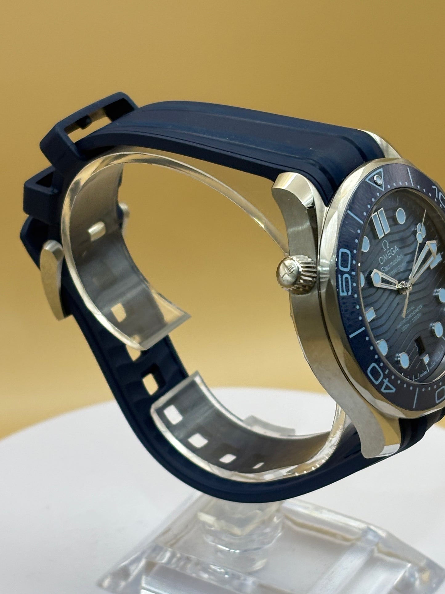 Omega Seamaster 300M "Summer Blue" watch on an Omega silicone band.