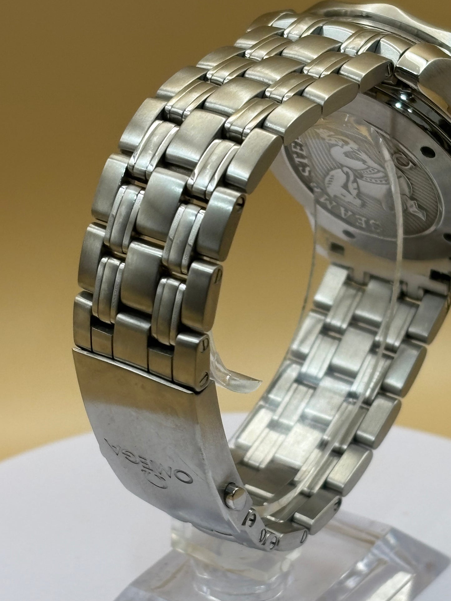 Omega Seamaster GMT Chronograph wrist watch on a steel Omega bracelet.
