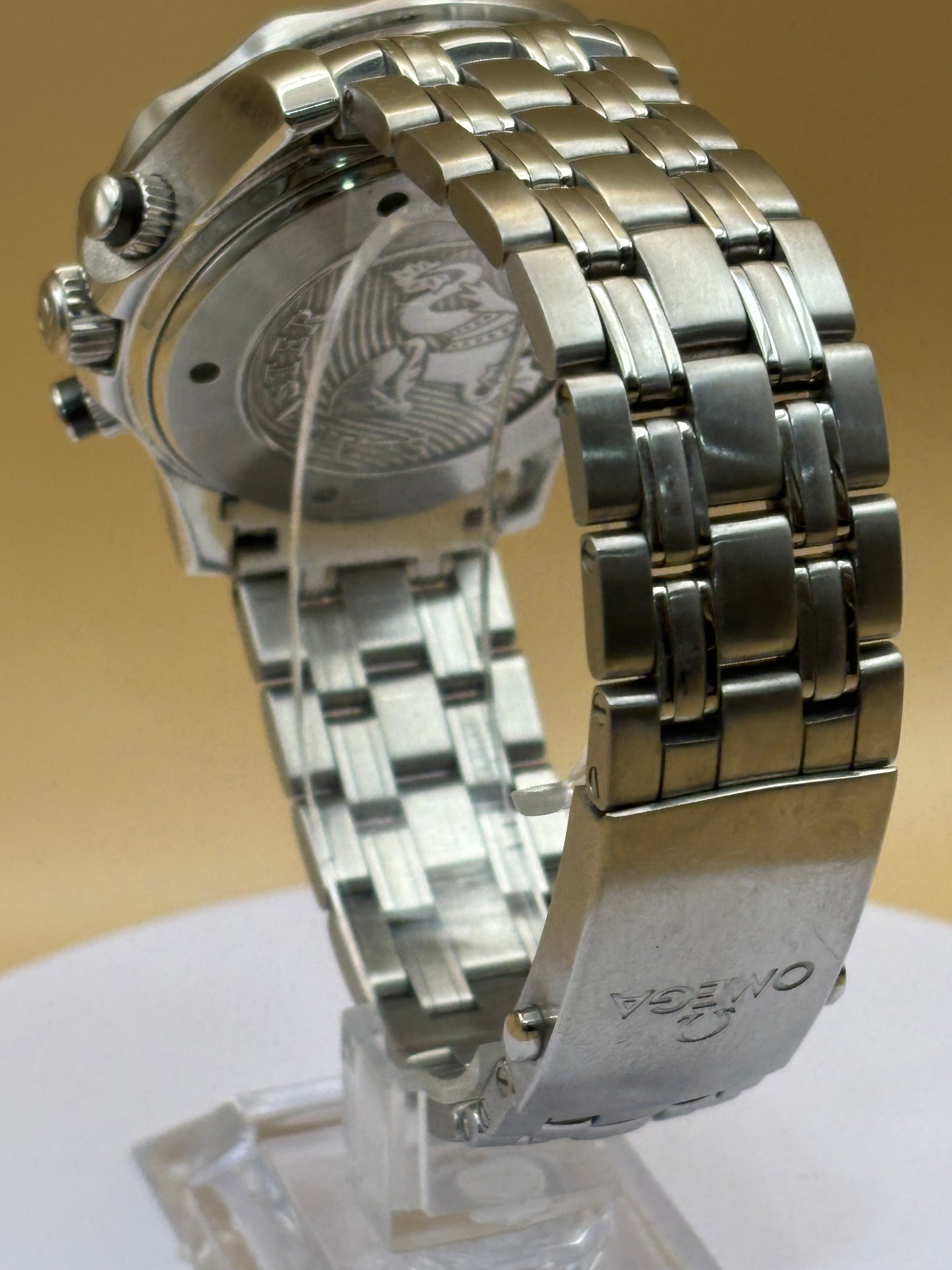 Omega Seamaster GMT Chronograph wrist watch on a steel Omega bracelet.