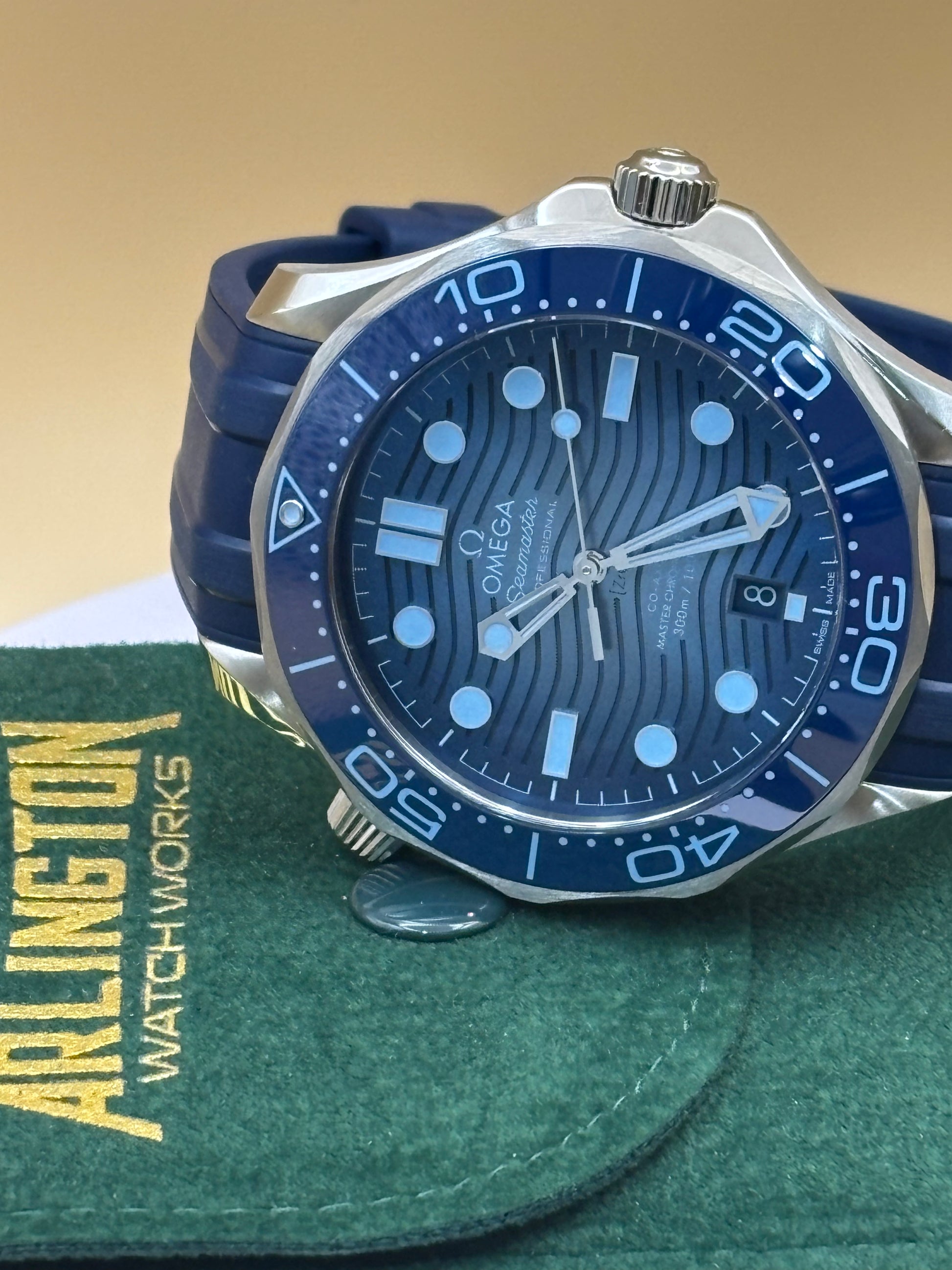 Omega Seamaster 300M "Summer Blue" watch on an Omega silicone band.
