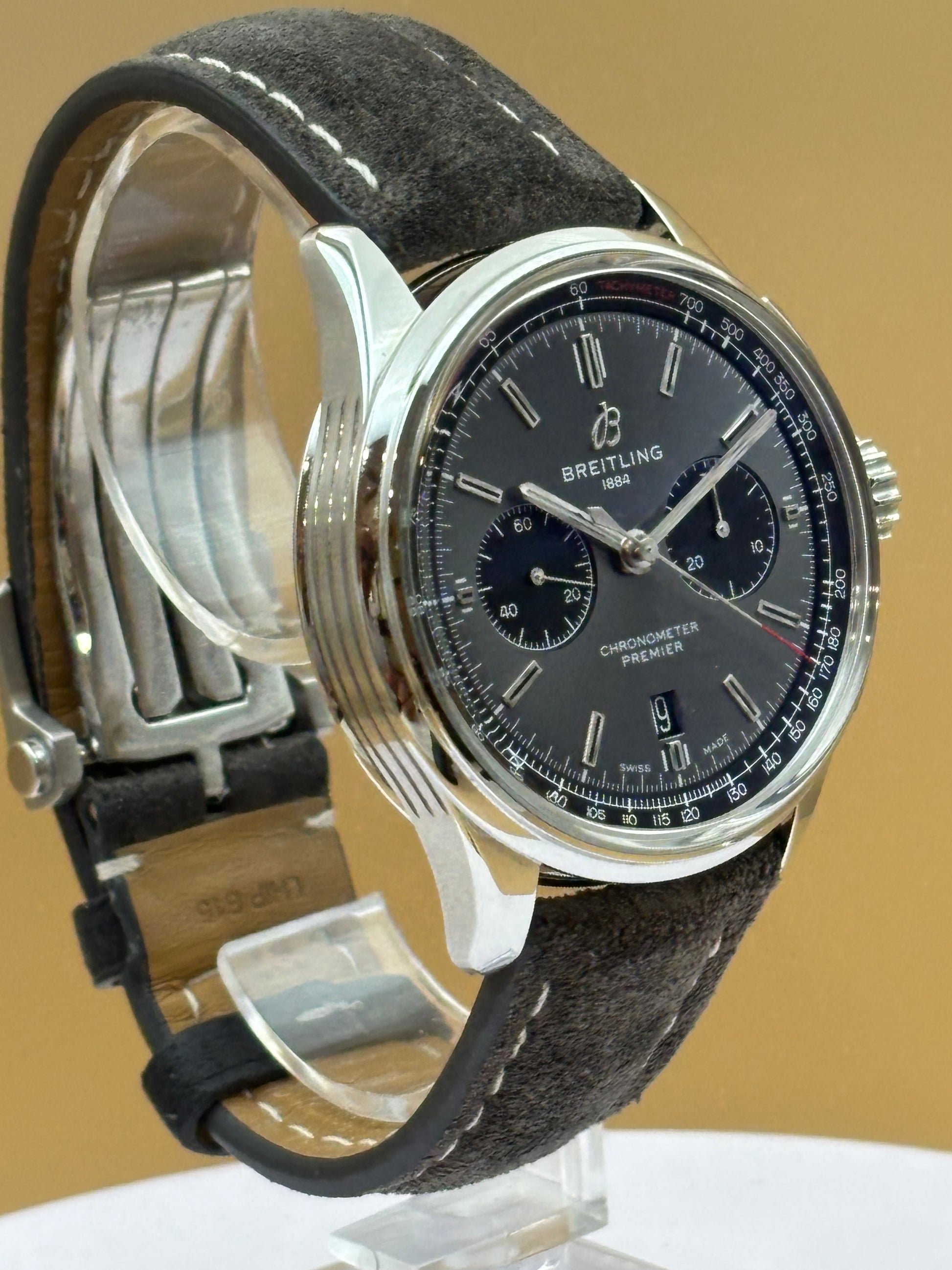 Breitling Premier B01 Chronograph watch with a leather strap.