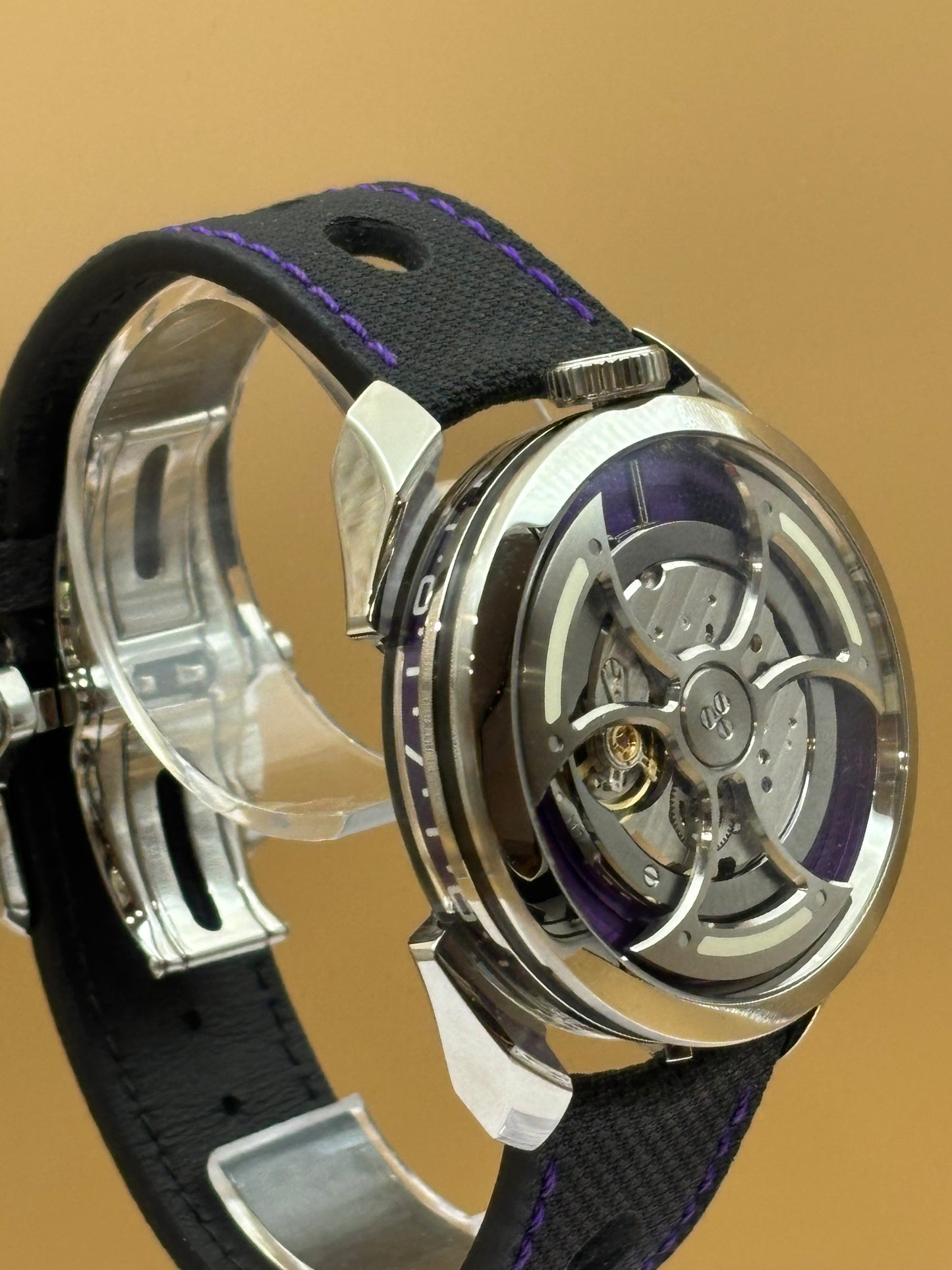 MB&F PURPLE M.A.D 1s Edition wrist watch on leather strap.