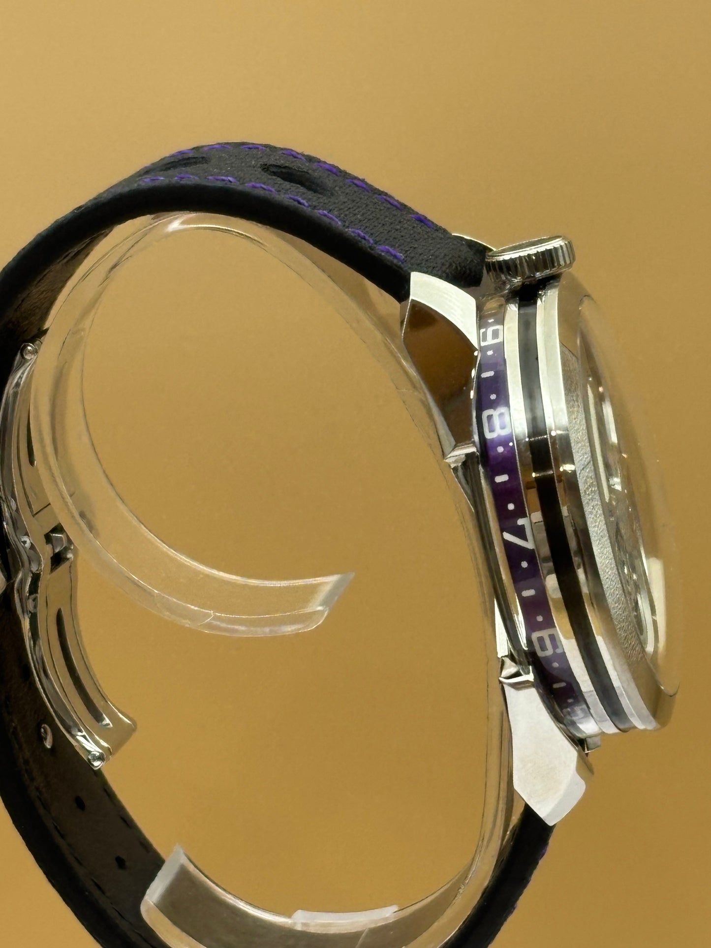 MB&F PURPLE M.A.D 1s Edition wrist watch on leather strap.