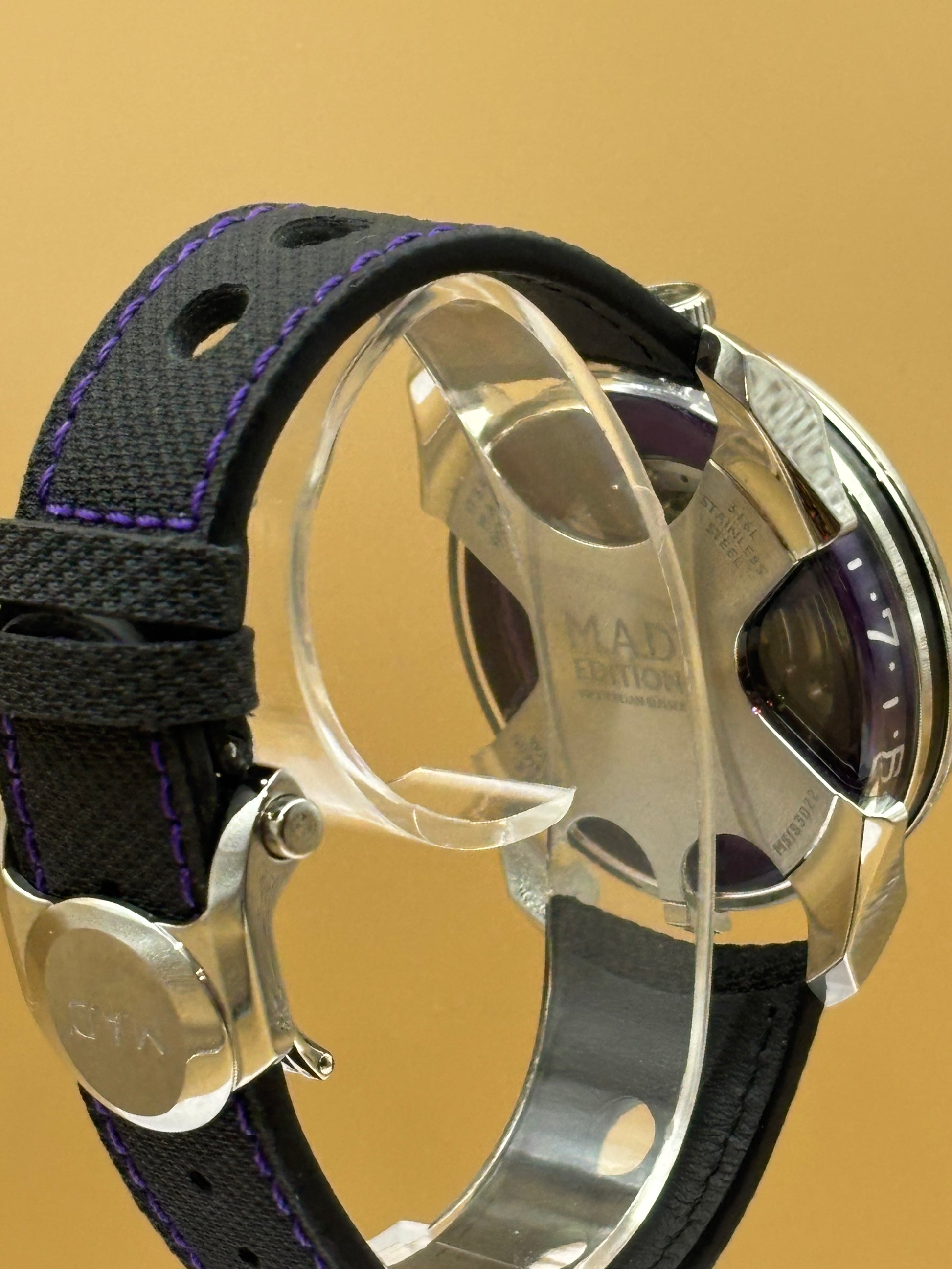 MB&F PURPLE M.A.D 1s Edition wrist watch on leather strap.