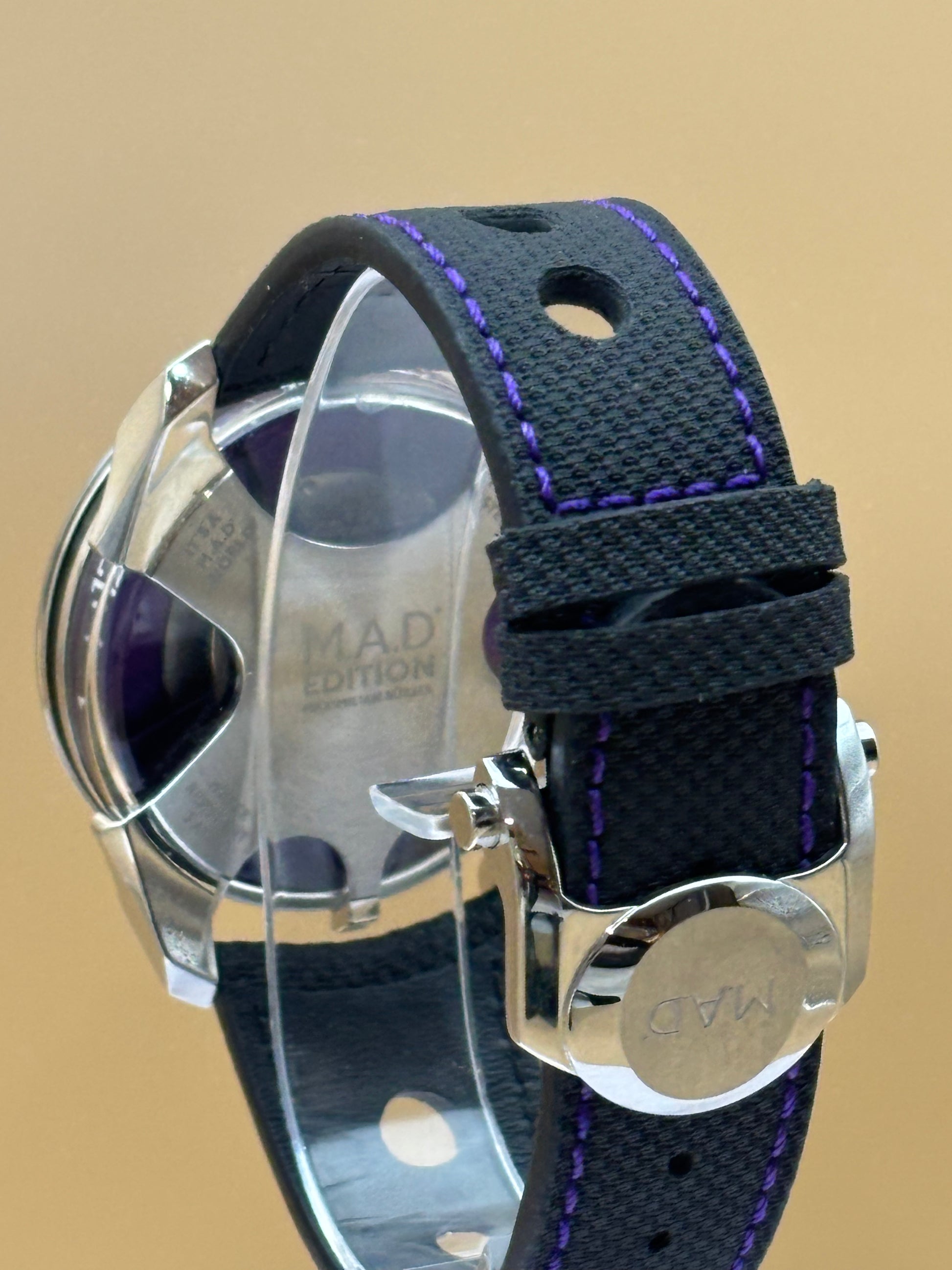 MB&F PURPLE M.A.D 1s Edition wrist watch on leather strap.
