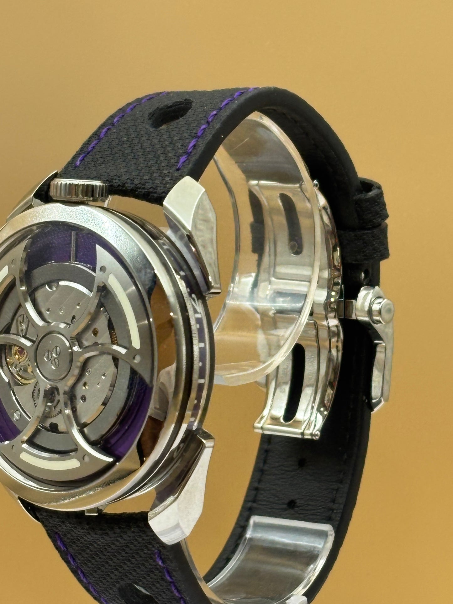 MB&F PURPLE M.A.D 1s Edition wrist watch on leather strap.