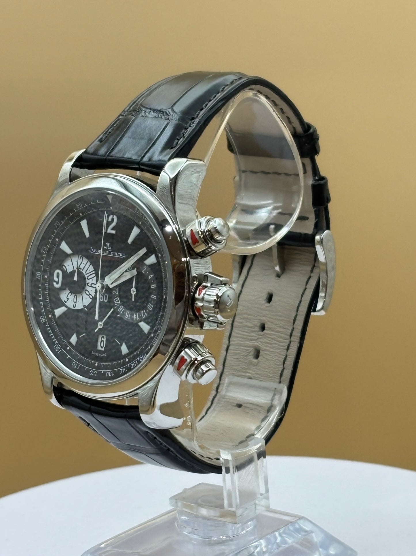 Jaeger LeCoultre Master control Chronograph watch on a Black leather band.
