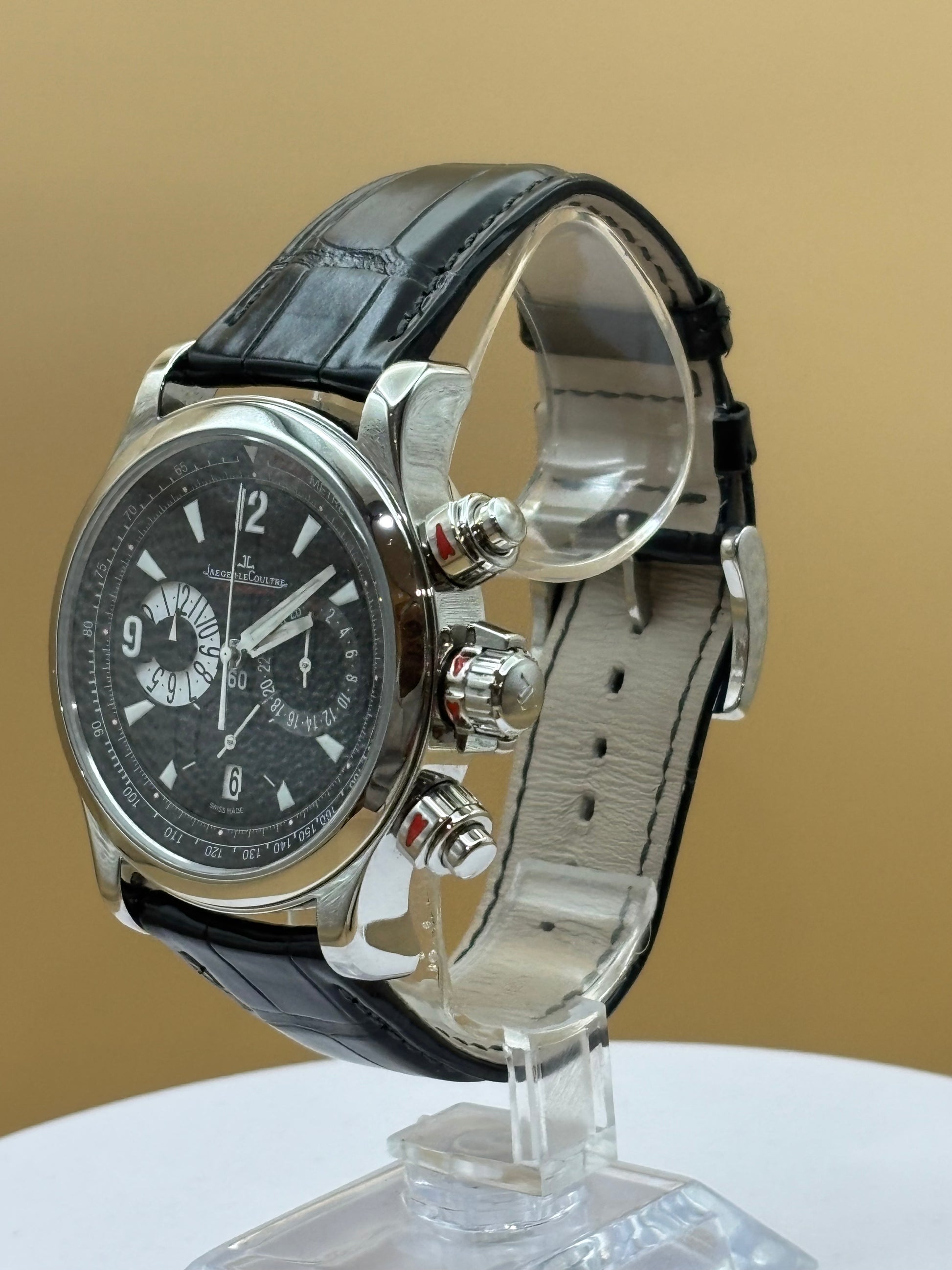 Jaeger LeCoultre Master control Chronograph watch on a Black leather band.