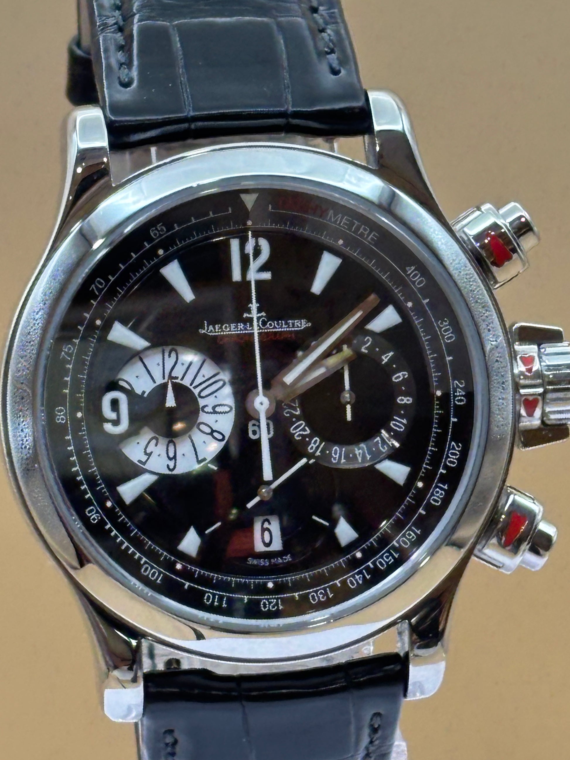 Jaeger LeCoultre Master control Chronograph watch on a Black leather band.
