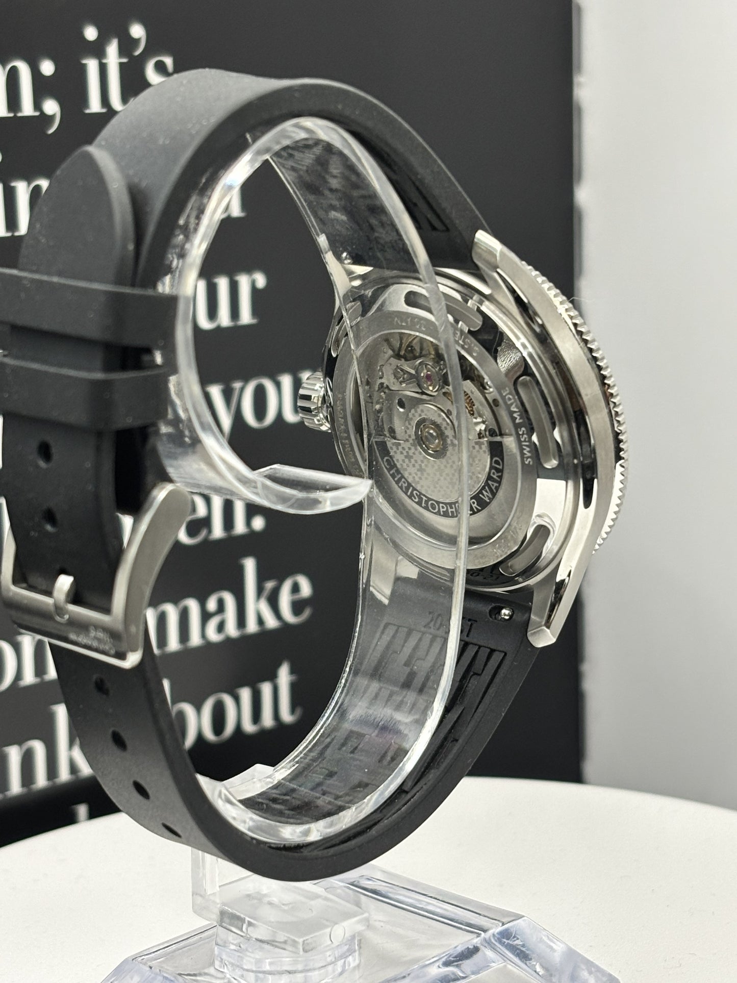 Christopher Ward C60 Atoll 300 watch on a rubber strap.