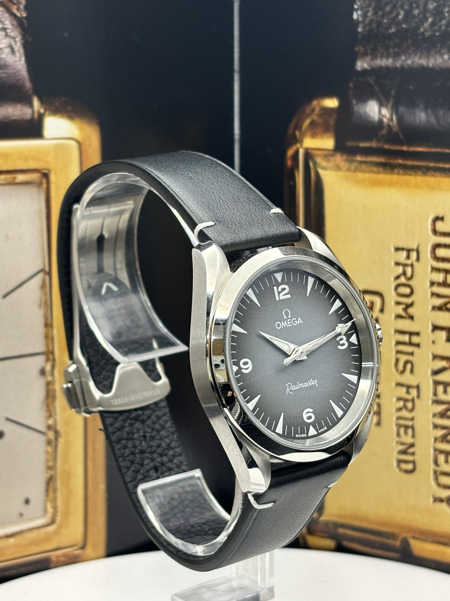 Omega Railmaster 38mm on a leather strap with Omega buckle.