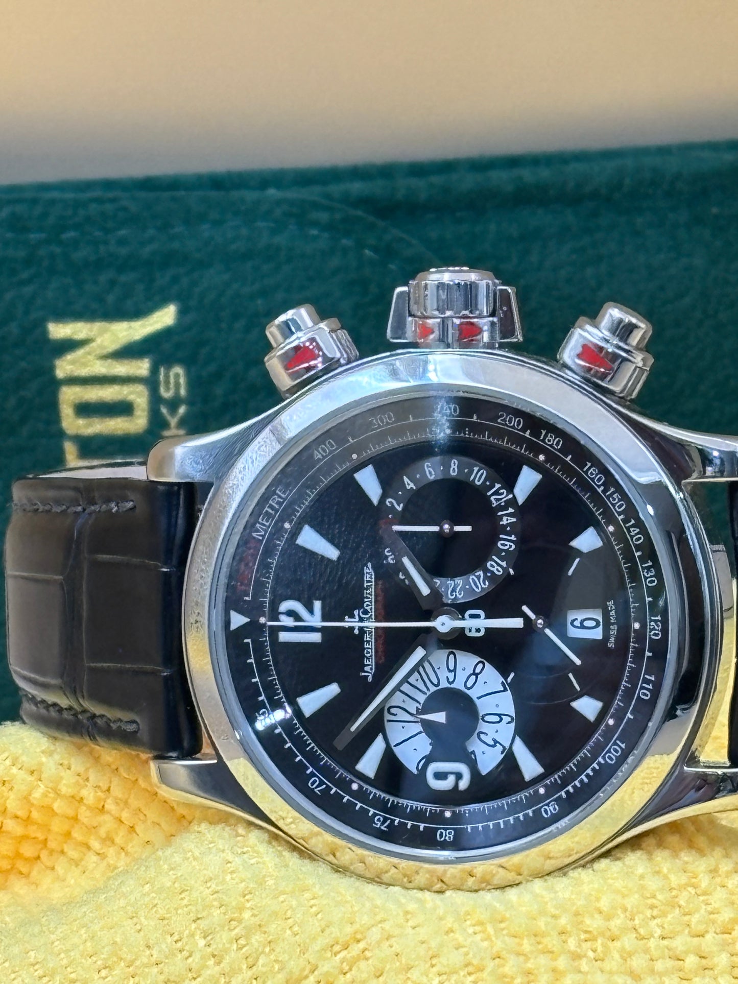 Jaeger LeCoultre Master control Chronograph watch on a Black leather band.
