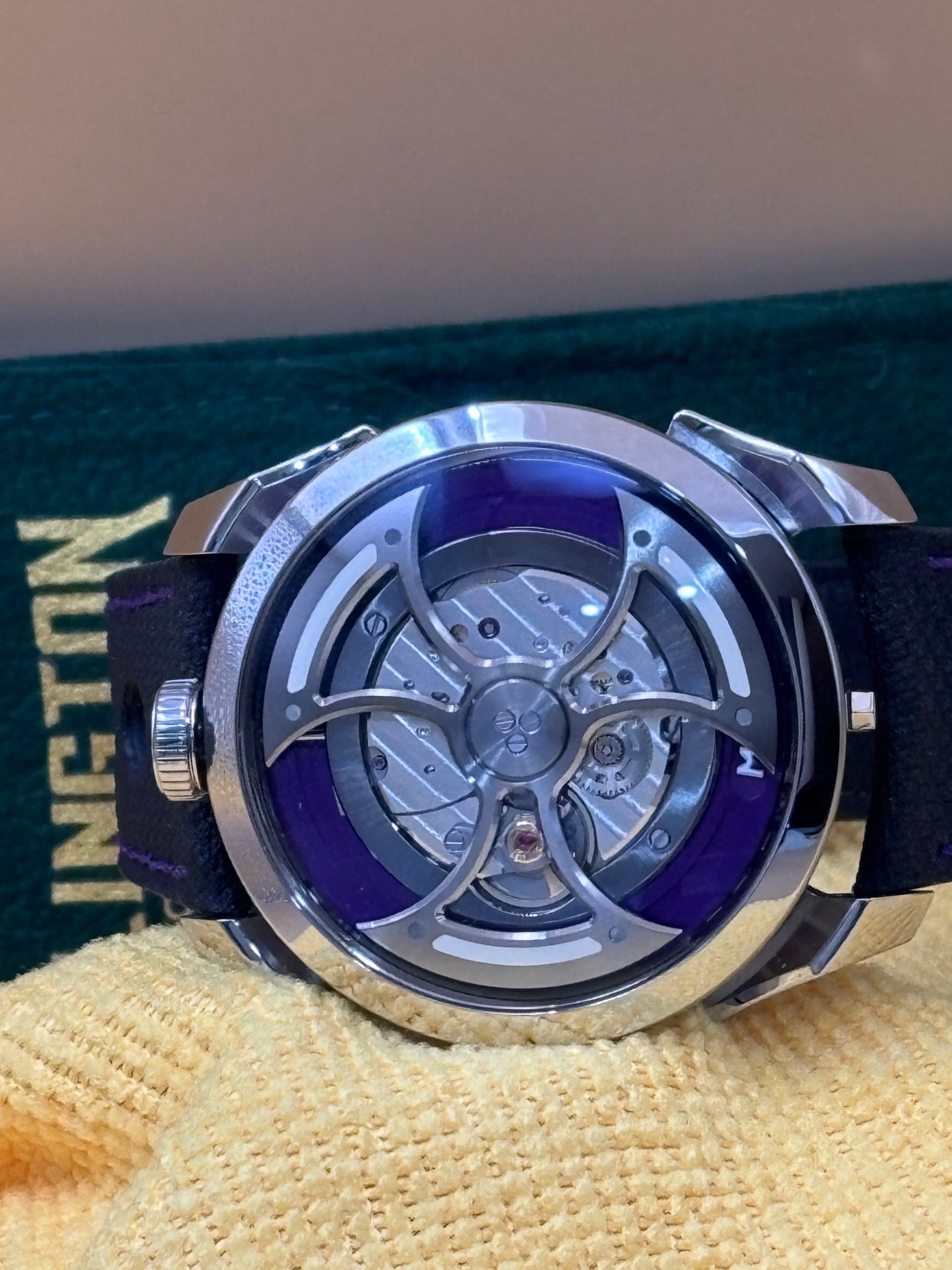 MB&F PURPLE M.A.D 1s Edition wrist watch on leather strap.