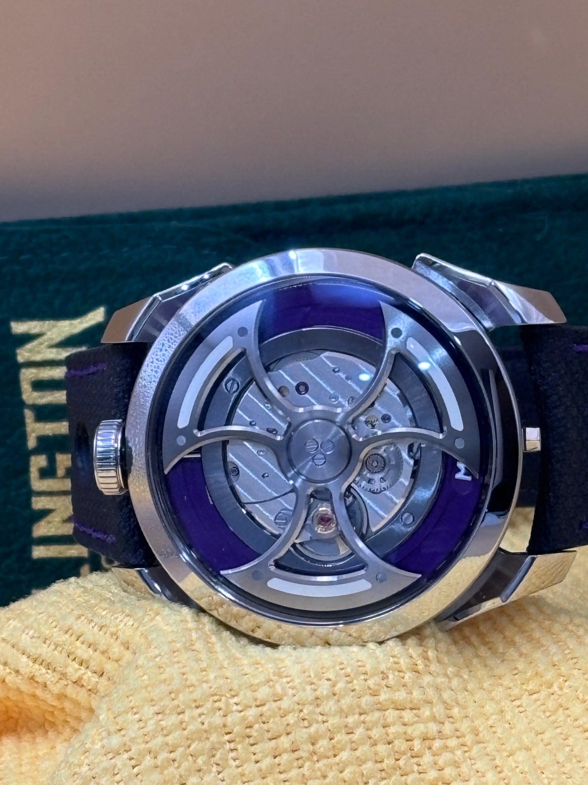 MB&F PURPLE M.A.D 1s Edition wrist watch on leather strap.
