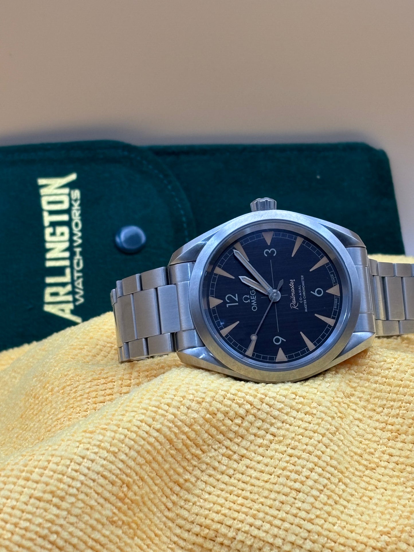 Omega Railmaster on a steel racelet.