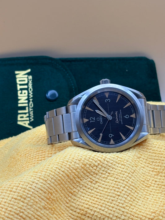 Omega Railmaster on a steel racelet.