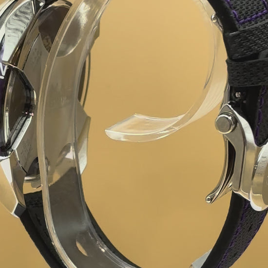 MB&F PURPLE M.A.D 1s Edition wrist watch on leather strap.