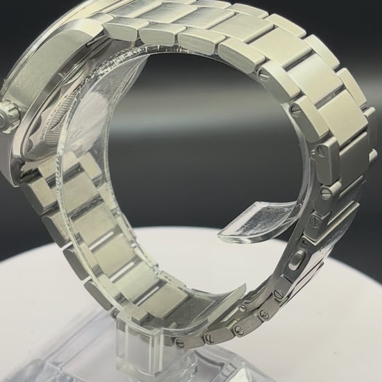 Omega Railmaster watch on a steel bracelet.