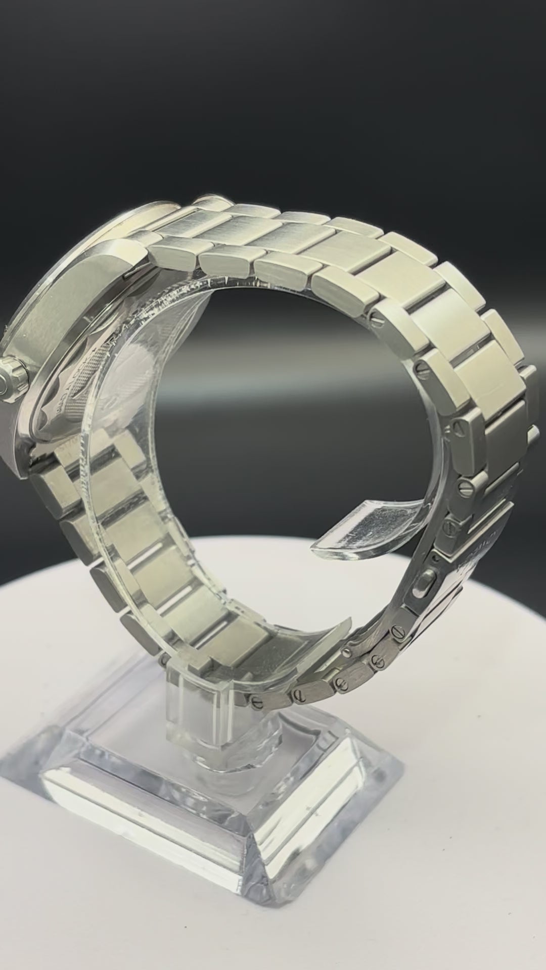 Omega Railmaster watch on a steel bracelet.
