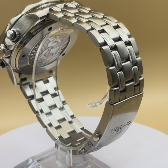 Omega Seamaster GMT Chronograph wrist watch on a steel Omega bracelet.