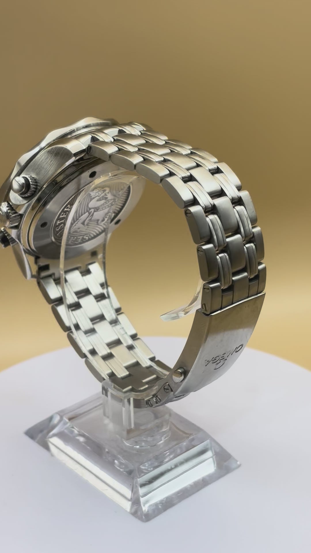 Omega Seamaster GMT Chronograph wrist watch on a steel Omega bracelet.