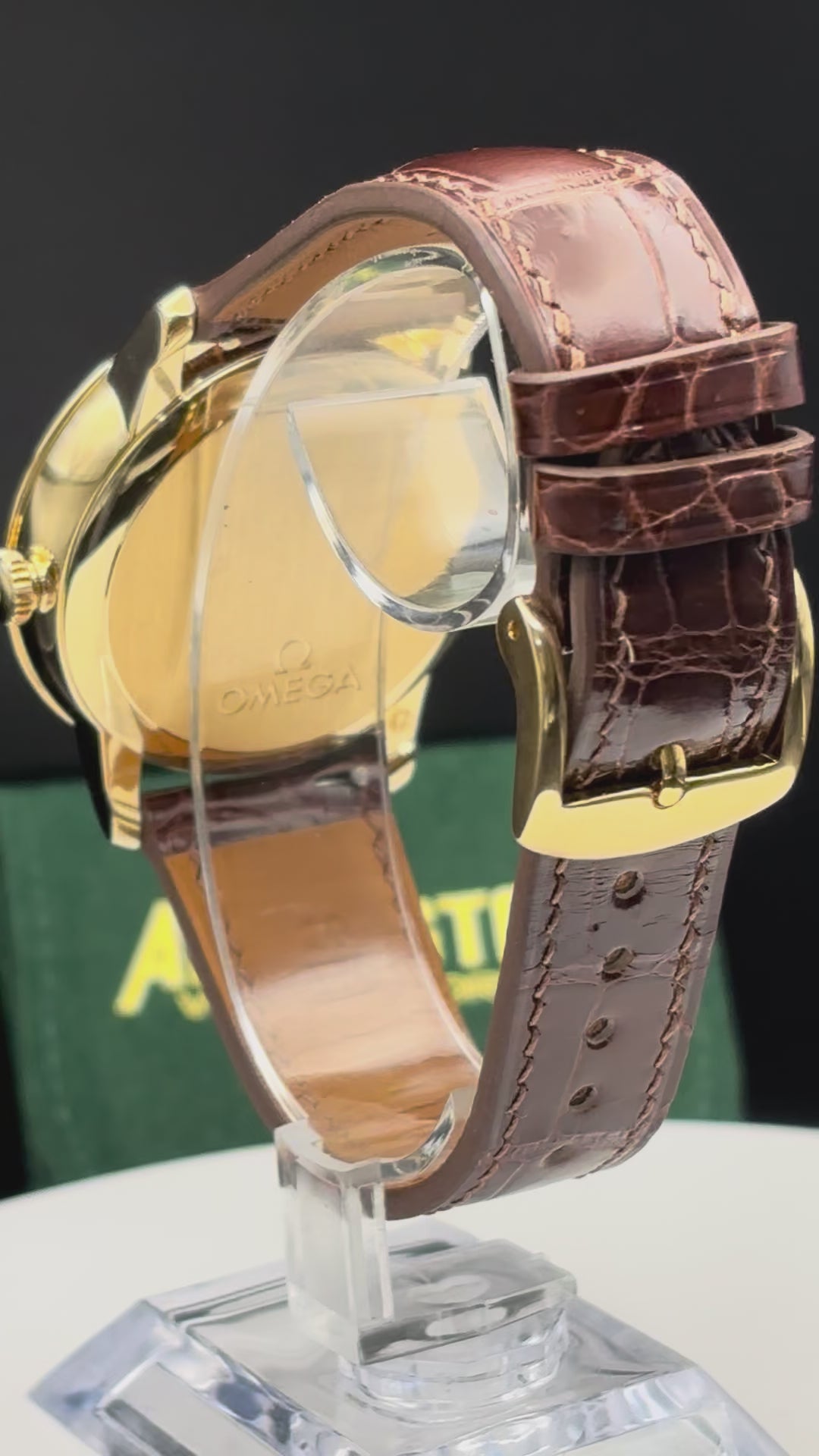 Omega De Ville Prestige 18K Solid GOLD Watch on an alligator watch.