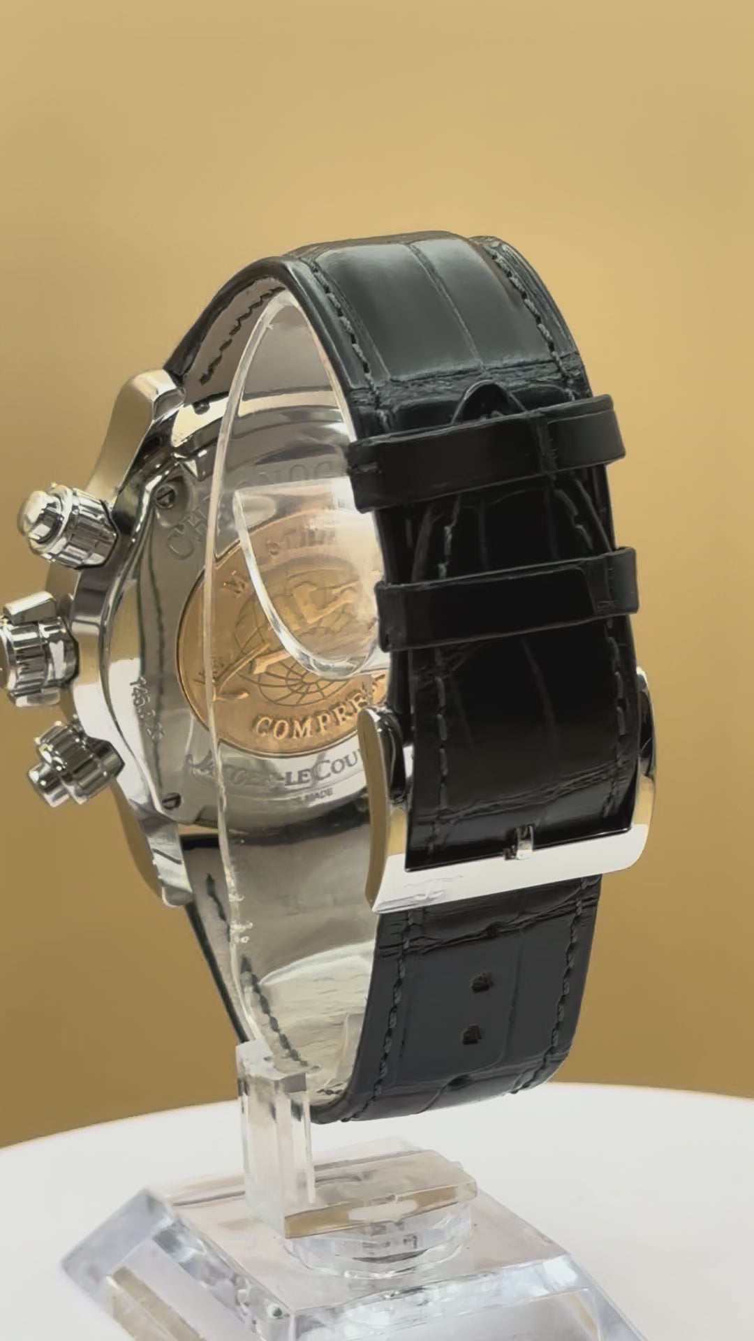 Jaeger LeCoultre Master control Chronograph watch on a Black leather band.